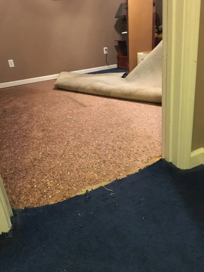 Carpet pad removal revealing water damage during Water Mitigation Services in Baker